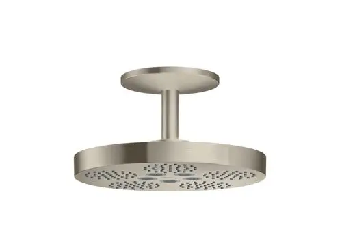 AXOR Kopfbrause mit Deckenanschluss in gebürstetem Nickel, runde Form mit zwei Strahlarten, geeignet für moderne Badezimmerinstallationen.